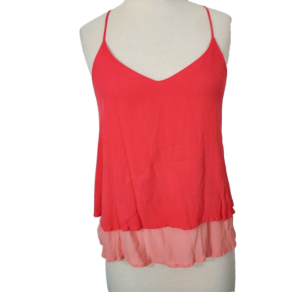LOFT Layered Tank Top Crinkled Spaghetti Strap Racerback Colorblock Coral  Sz M
